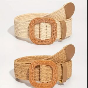 2Pcs Set Buckle Braided Straw Belts